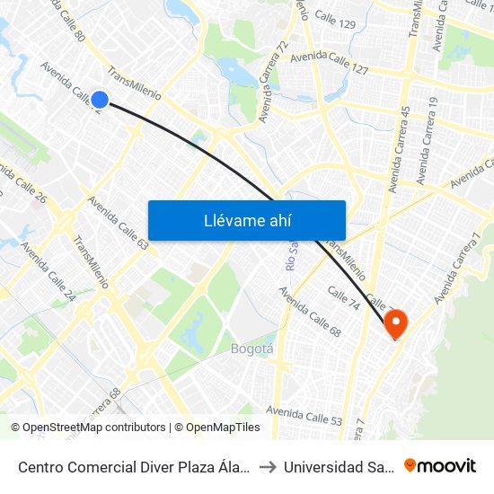 Centro Comercial Diver Plaza Álamos (Ak 96 - Cl 72a) to Universidad Santo Tomás map