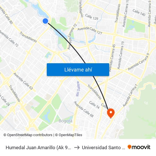 Humedal Juan Amarillo (Ak 91 - Cl 96a) to Universidad Santo Tomás map
