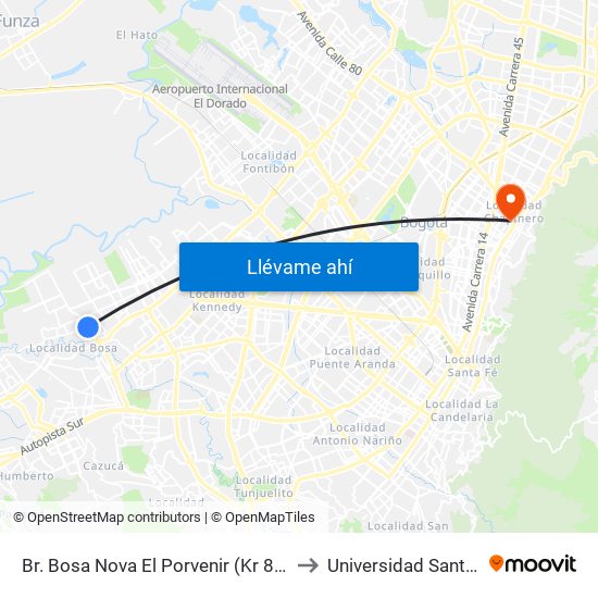 Br. Bosa Nova El Porvenir (Kr 87c - Cl 60 Sur) to Universidad Santo Tomás map