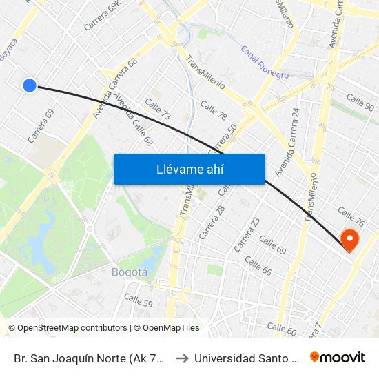 Br. San Joaquín Norte (Ak 70 - Cl 65) to Universidad Santo Tomás map