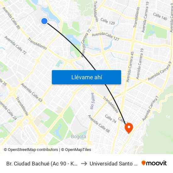 Br. Ciudad Bachué (Ac 90 - Kr 95f) (A) to Universidad Santo Tomás map