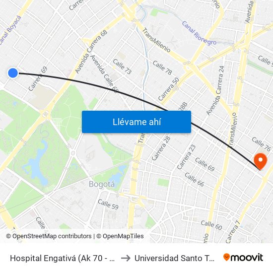 Hospital Engativá (Ak 70 - Cl 64) to Universidad Santo Tomás map