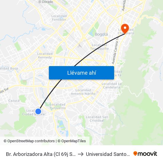 Br. Arborizadora Alta (Cl 69j Sur - Kr 32) to Universidad Santo Tomás map