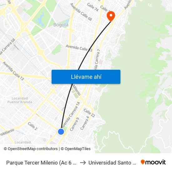 Parque Tercer Milenio (Ac 6 - Kr 12a) to Universidad Santo Tomás map