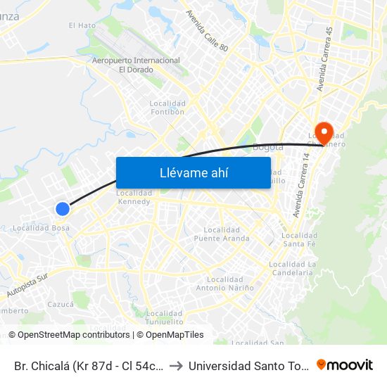 Br. Chicalá (Kr 87d - Cl 54c Sur) to Universidad Santo Tomás map