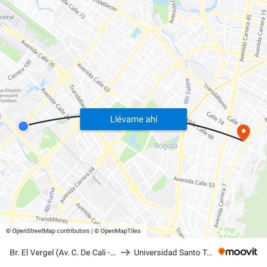 Br. El Vergel (Av. C. De Cali - Cl 18) to Universidad Santo Tomás map