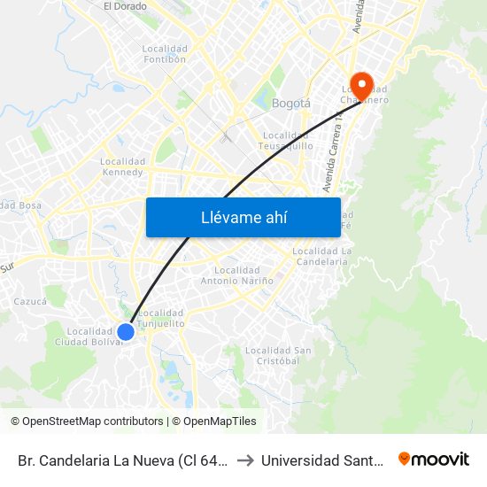 Br. Candelaria La Nueva (Cl 64 Sur - Kr 23) to Universidad Santo Tomás map