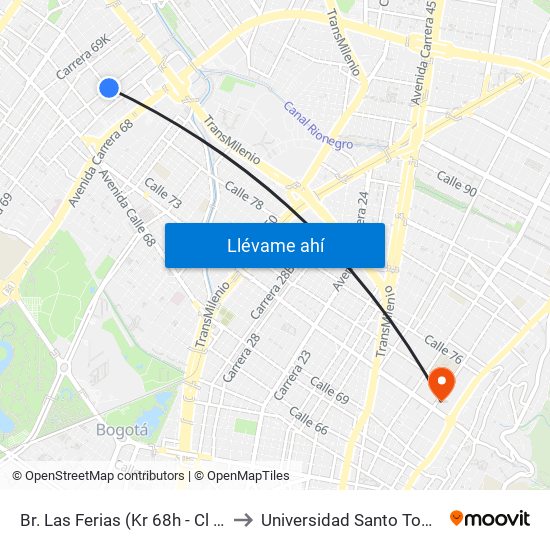 Br. Las Ferias (Kr 68h - Cl 75) to Universidad Santo Tomás map