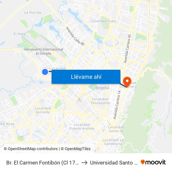 Br. El Carmen Fontibón (Cl 17 - Kr 100) to Universidad Santo Tomás map