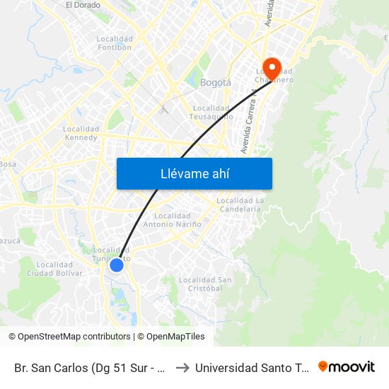 Br. San Carlos (Dg 51 Sur - Kr 18c) to Universidad Santo Tomás map