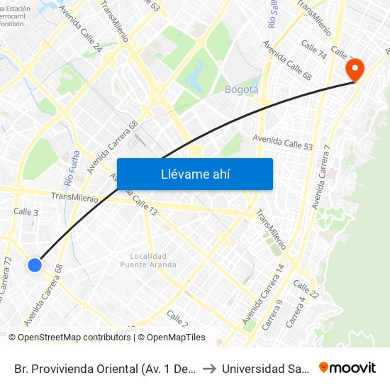 Br. Provivienda Oriental (Av. 1 De Mayo - Kr 68h) (A) to Universidad Santo Tomás map