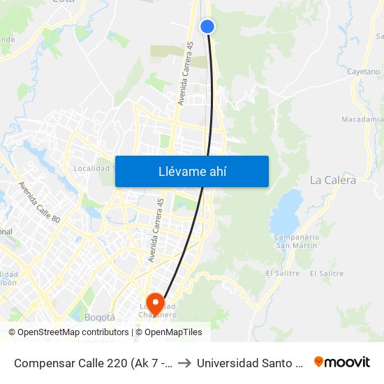 Compensar Calle 220 (Ak 7 - Cl 220) to Universidad Santo Tomás map