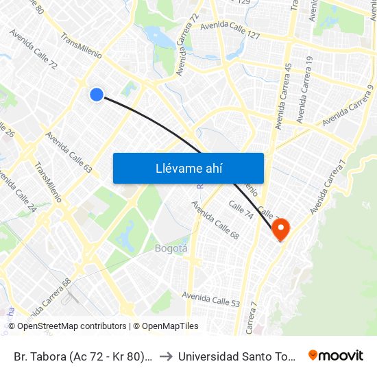 Br. Tabora (Ac 72 - Kr 80) (A) to Universidad Santo Tomás map