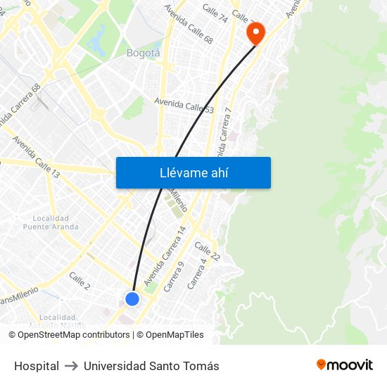 Hospital to Universidad Santo Tomás map