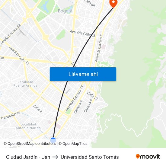 Ciudad Jardín - Uan to Universidad Santo Tomás map