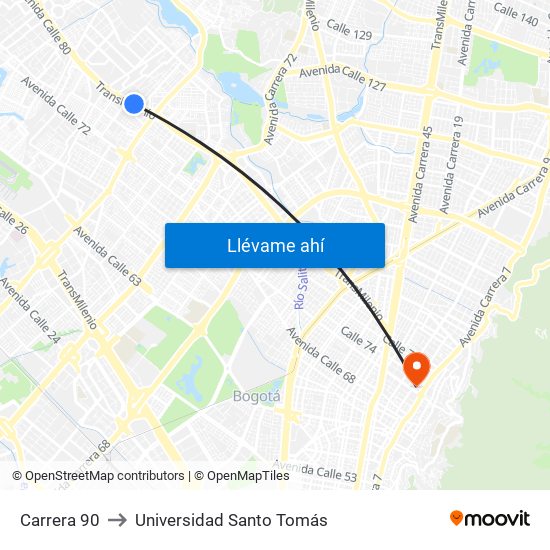 Carrera 90 to Universidad Santo Tomás map