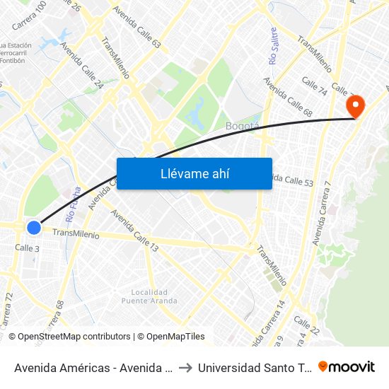 Avenida Américas - Avenida Boyacá to Universidad Santo Tomás map