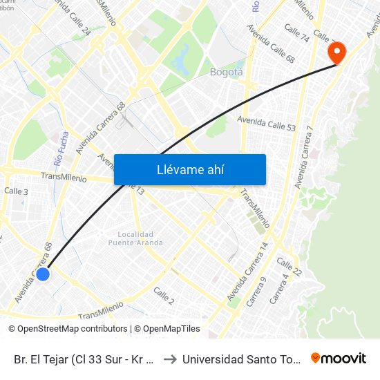 Br. El Tejar (Cl 33 Sur - Kr 52b) to Universidad Santo Tomás map