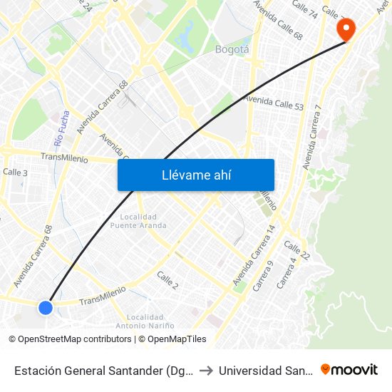 Estación General Santander (Dg 39a Sur - Tv 42) to Universidad Santo Tomás map