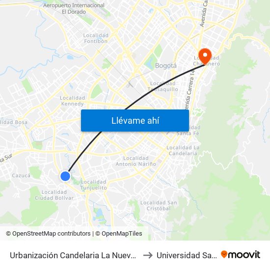 Urbanización Candelaria La Nueva (Kr 48g - Cl 59b Sur) to Universidad Santo Tomás map