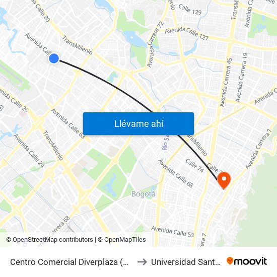 Centro Comercial Diverplaza (Kr 96 - Cl 71c) to Universidad Santo Tomás map