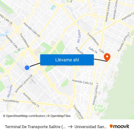 Terminal De Transporte Salitre (Kr 68d - Cl 22c) to Universidad Santo Tomás map