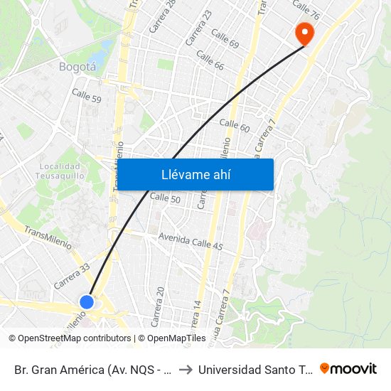 Br. Gran América (Av. NQS - Cl 25b) to Universidad Santo Tomás map