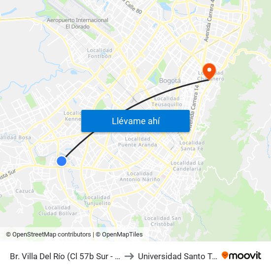 Br. Villa Del Río (Cl 57b Sur - Kr 68a) to Universidad Santo Tomás map