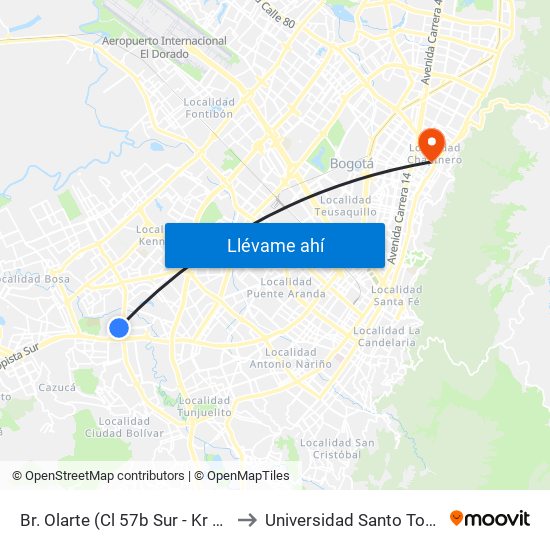 Br. Olarte (Cl 57b Sur - Kr 71d) to Universidad Santo Tomás map