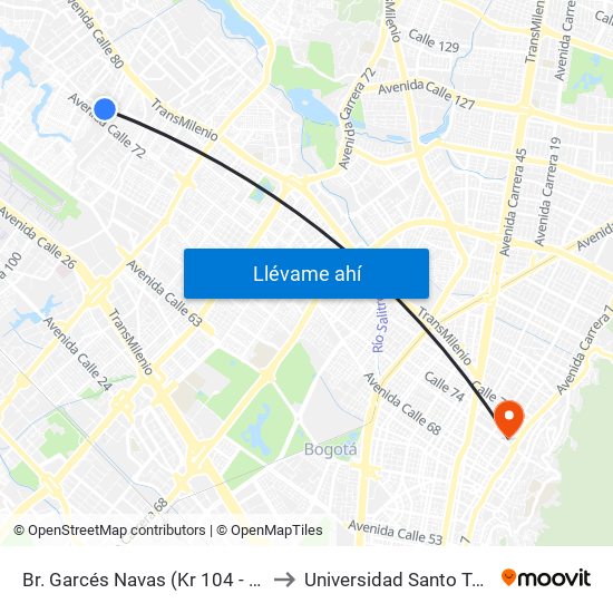 Br. Garcés Navas (Kr 104 - Cl 73) to Universidad Santo Tomás map