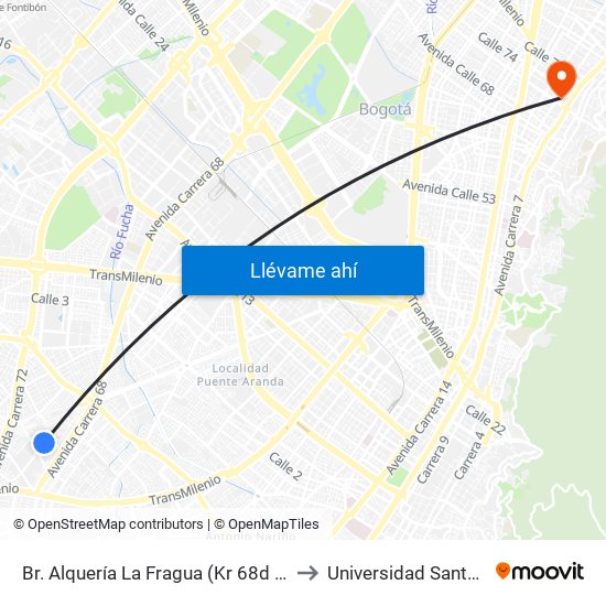 Br. Alquería La Fragua (Kr 68d - Cl 38a Sur) to Universidad Santo Tomás map