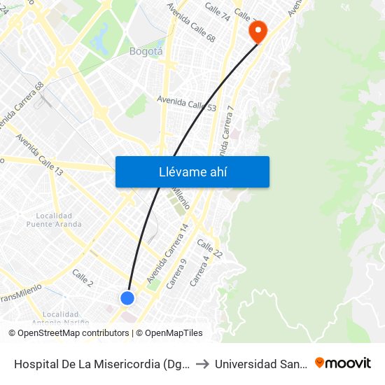 Hospital De La Misericordia (Dg 2 - Av. Caracas) to Universidad Santo Tomás map