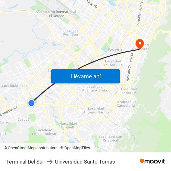 Terminal Del Sur to Universidad Santo Tomás map