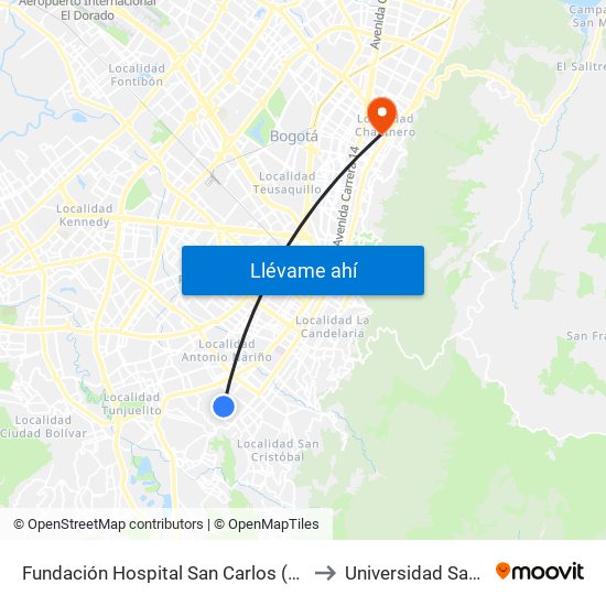 Fundación Hospital San Carlos (Cl 31a Sur - Kr 12b) to Universidad Santo Tomás map