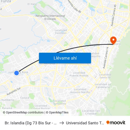 Br. Islandia (Dg 73 Bis Sur - Kr 83a) to Universidad Santo Tomás map