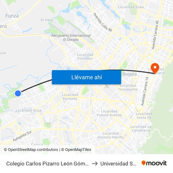 Colegio Carlos Pizarro León Gómez (Cl 73 Sur - Kr 103) to Universidad Santo Tomás map