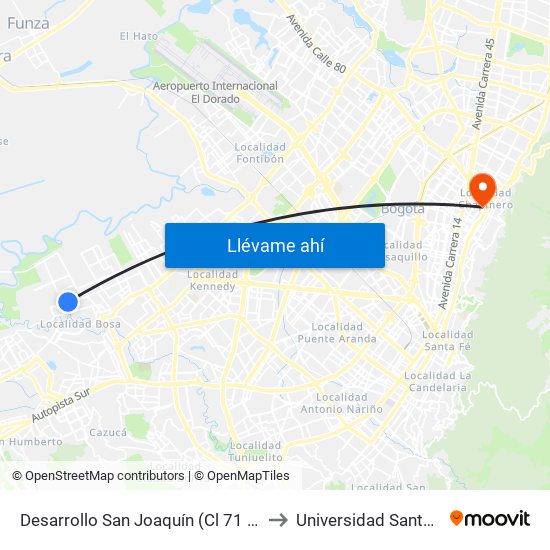 Desarrollo San Joaquín (Cl 71 Sur - Kr 88f) to Universidad Santo Tomás map