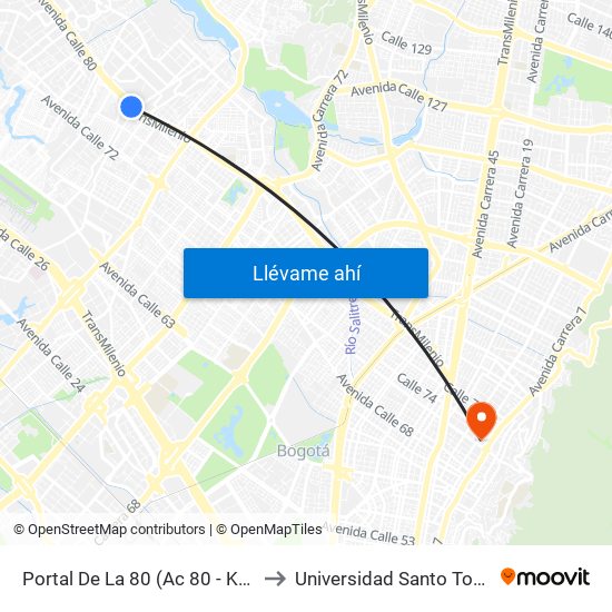 Portal De La 80 (Ac 80 - Kr 96) to Universidad Santo Tomás map