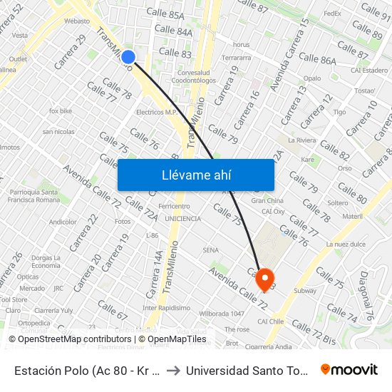 Estación Polo (Ac 80 - Kr 27) to Universidad Santo Tomás map