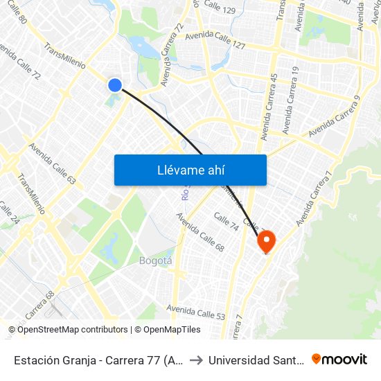 Estación Granja - Carrera 77 (Ac 80 - Tv 76d) to Universidad Santo Tomás map