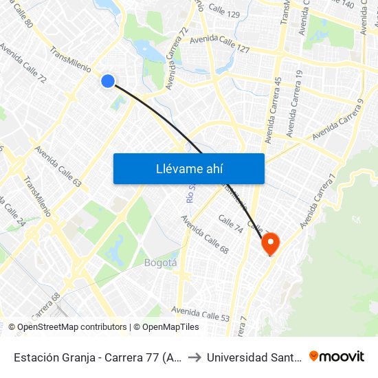 Estación Granja - Carrera 77 (Ac 80 - Tv 80a) to Universidad Santo Tomás map