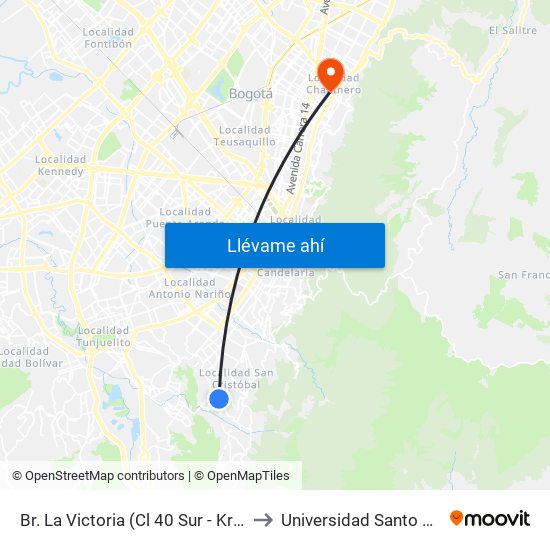 Br. La Victoria (Cl 40 Sur - Kr 3 Este) to Universidad Santo Tomás map