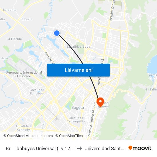 Br. Tibabuyes Universal (Tv 127 - Dg 138c) to Universidad Santo Tomás map