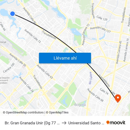 Br. Gran Granada Unir (Dg 77 - Tv 120a) to Universidad Santo Tomás map