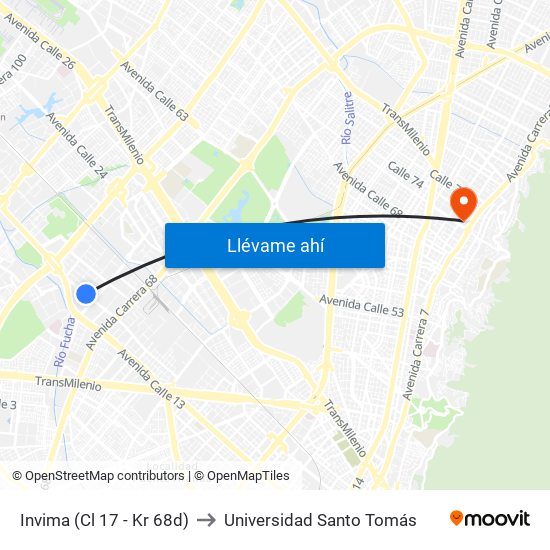 Invima (Cl 17 - Kr 68d) to Universidad Santo Tomás map