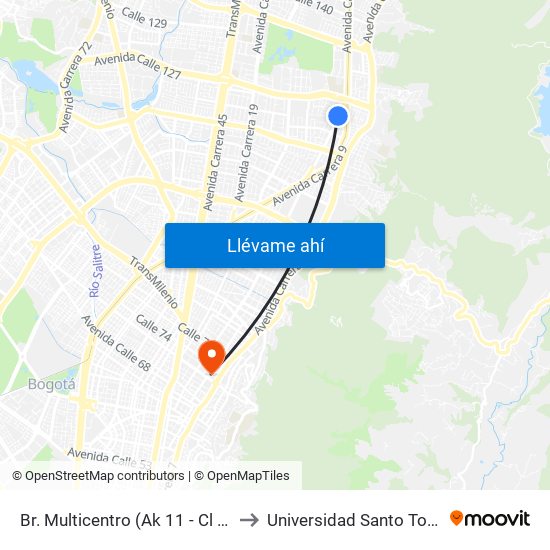 Br. Multicentro (Ak 11 - Cl 123) to Universidad Santo Tomás map