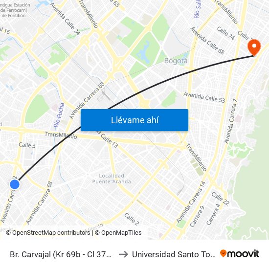 Br. Carvajal (Kr 69b - Cl 37a Sur) to Universidad Santo Tomás map