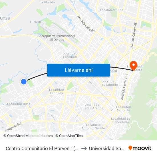 Centro Comunitario El Porvenir (Cl 52 Sur - Kr 100) to Universidad Santo Tomás map
