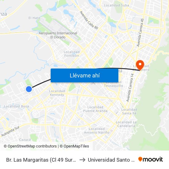 Br. Las Margaritas (Cl 49 Sur - Kr 90a) to Universidad Santo Tomás map