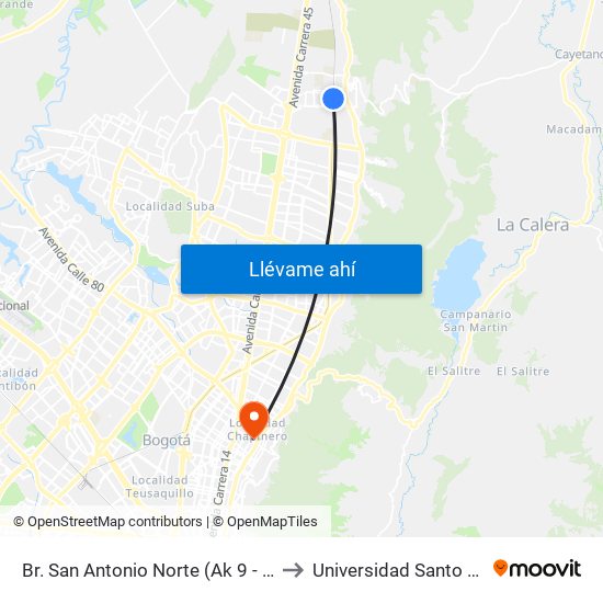 Br. San Antonio Norte (Ak 9 - Cl 185b) to Universidad Santo Tomás map